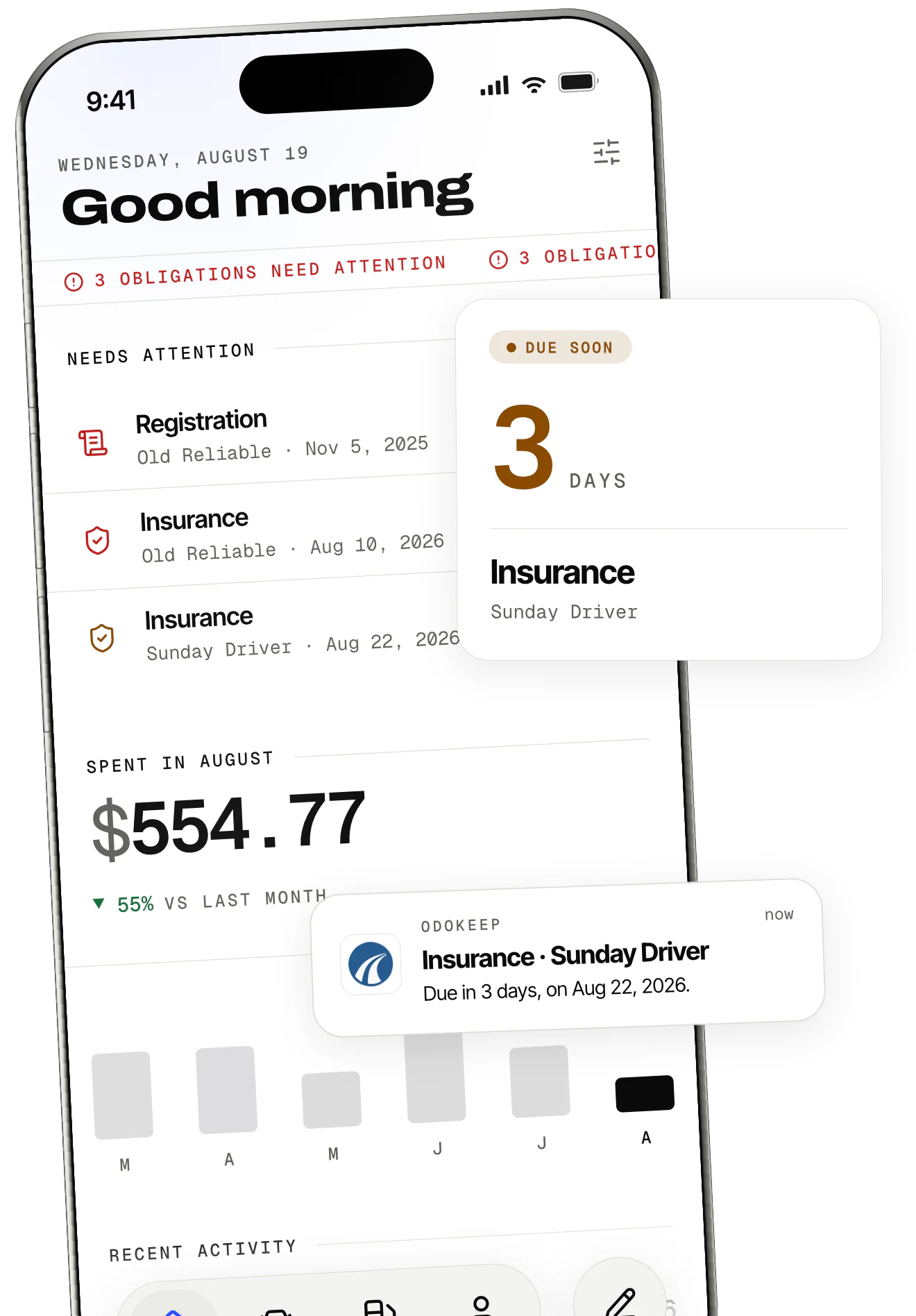 OdoKeep's home screen: obligations counting down, the reminder notification and a card saying the insurance falls due in 3 days.