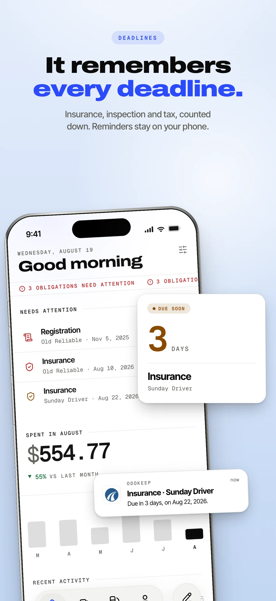 App Store panel: insurance, inspection and road tax counting down.