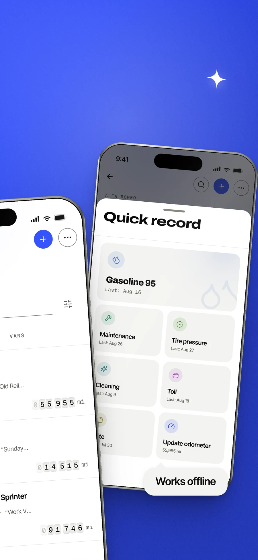 App Store panel: the quick record sheet, open on a vehicle.