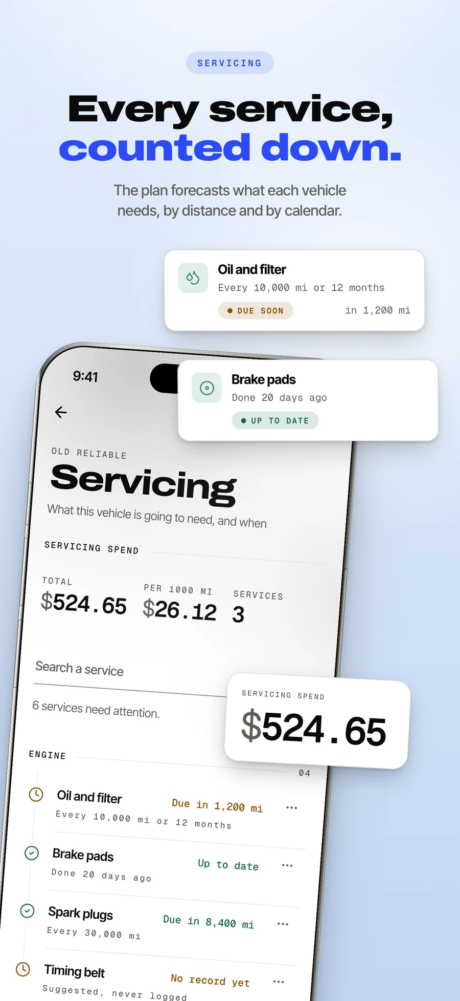 App Store panel: the maintenance plan counting down to the next service.