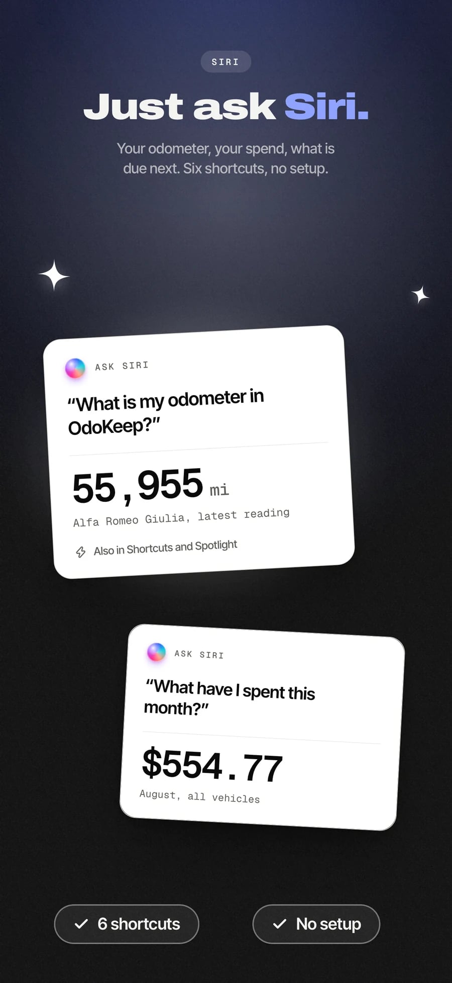 App Store panel: logging a fill-up by voice with Siri.