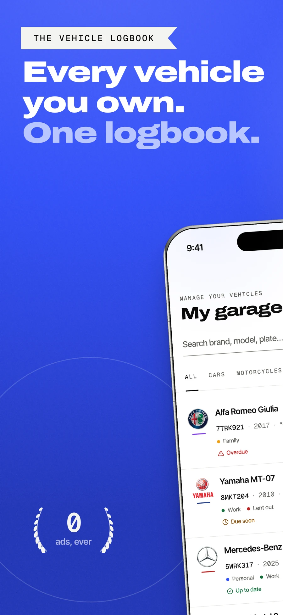 App Store panel: every vehicle you own, one logbook.