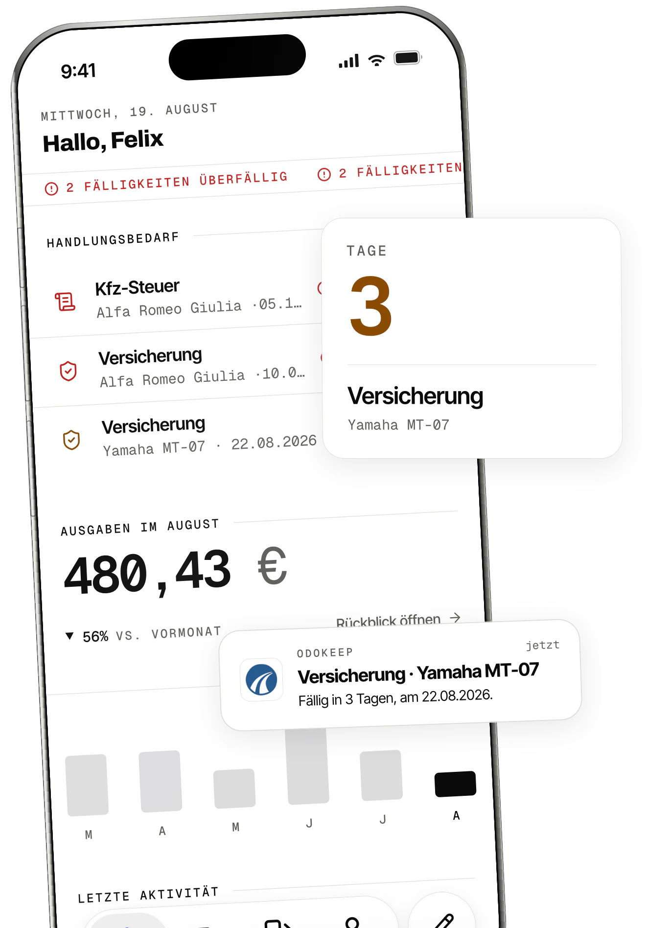 Der Startbildschirm von OdoKeep: Fristen im Countdown, eine Karte mit der Versicherung, die in 3 Tagen fällig ist, und die Erinnerung.