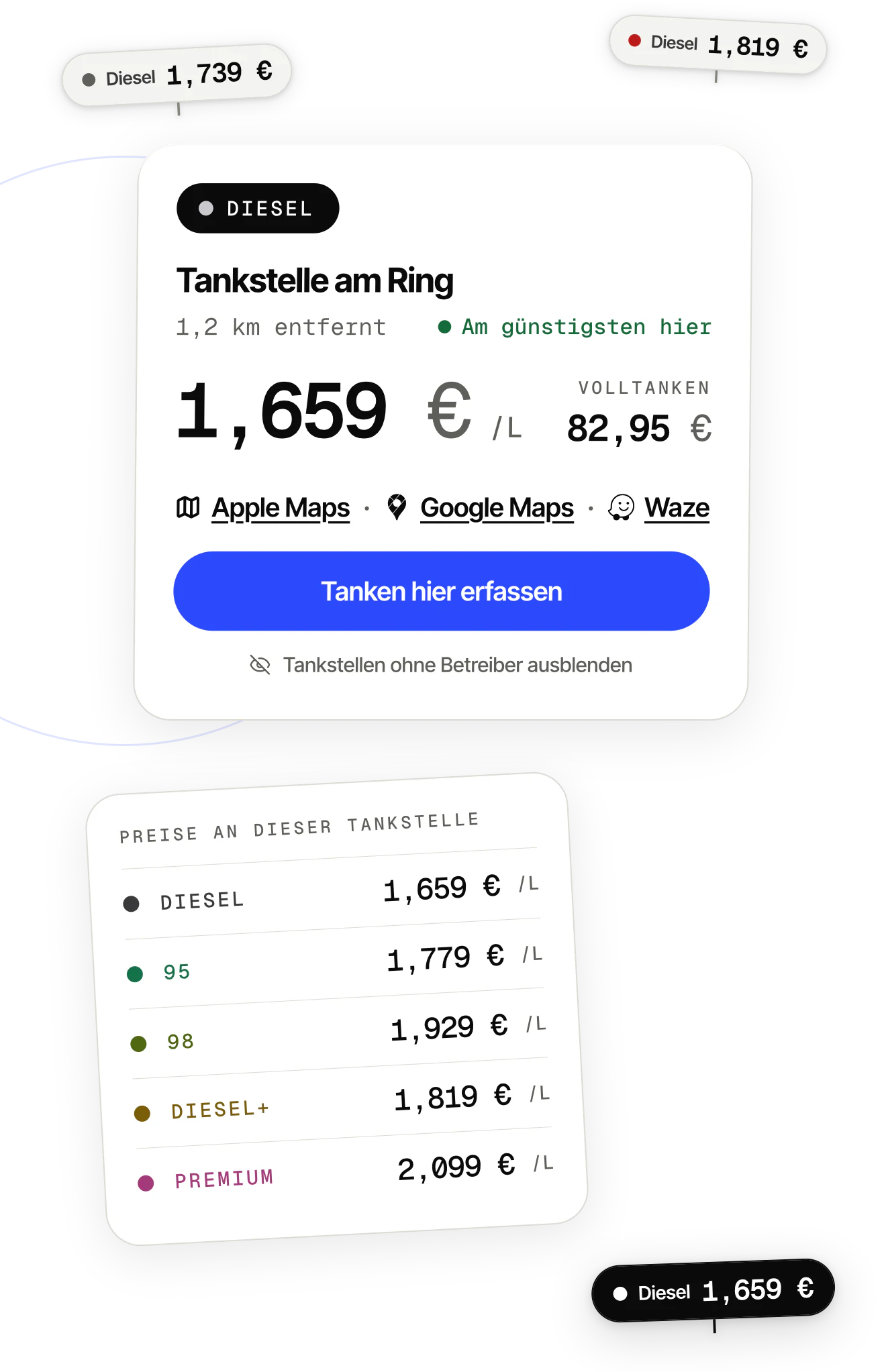 Der Spritpreis-Bildschirm von OdoKeep: Tankstellen in der Nähe, nach Preis sortiert.