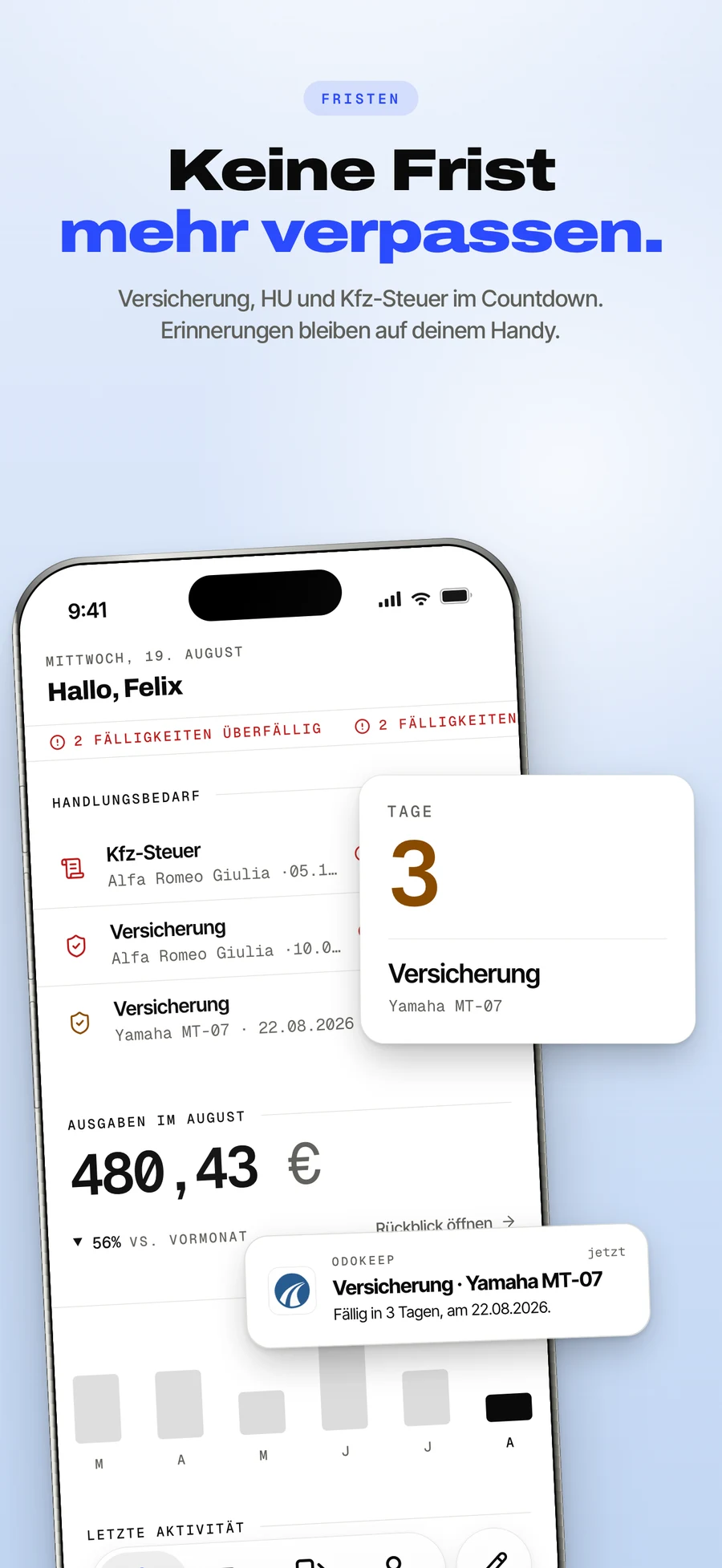 App-Store-Panel: Versicherung, HU und Kfz-Steuer im Countdown.