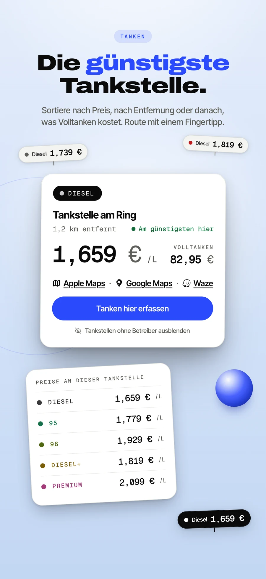 App-Store-Panel: die günstigste Tankstelle in der Nähe, mit Preisen.