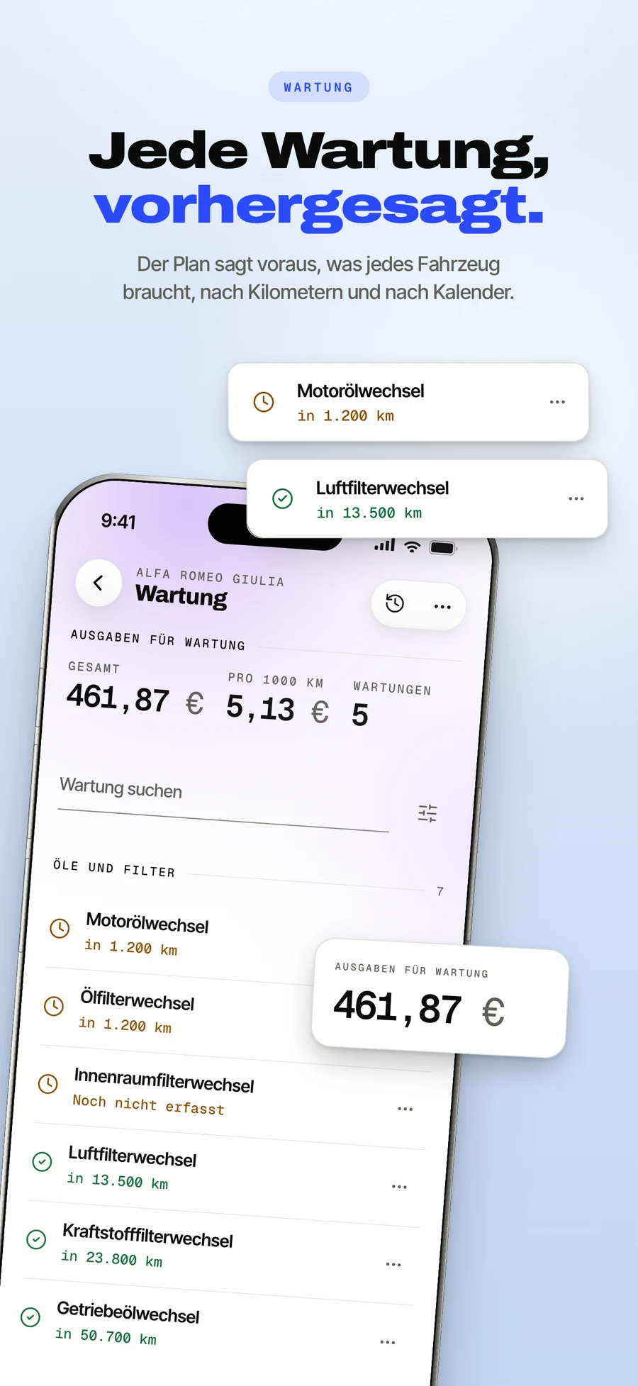App-Store-Panel: der Wartungsplan zählt zur nächsten Inspektion herunter.