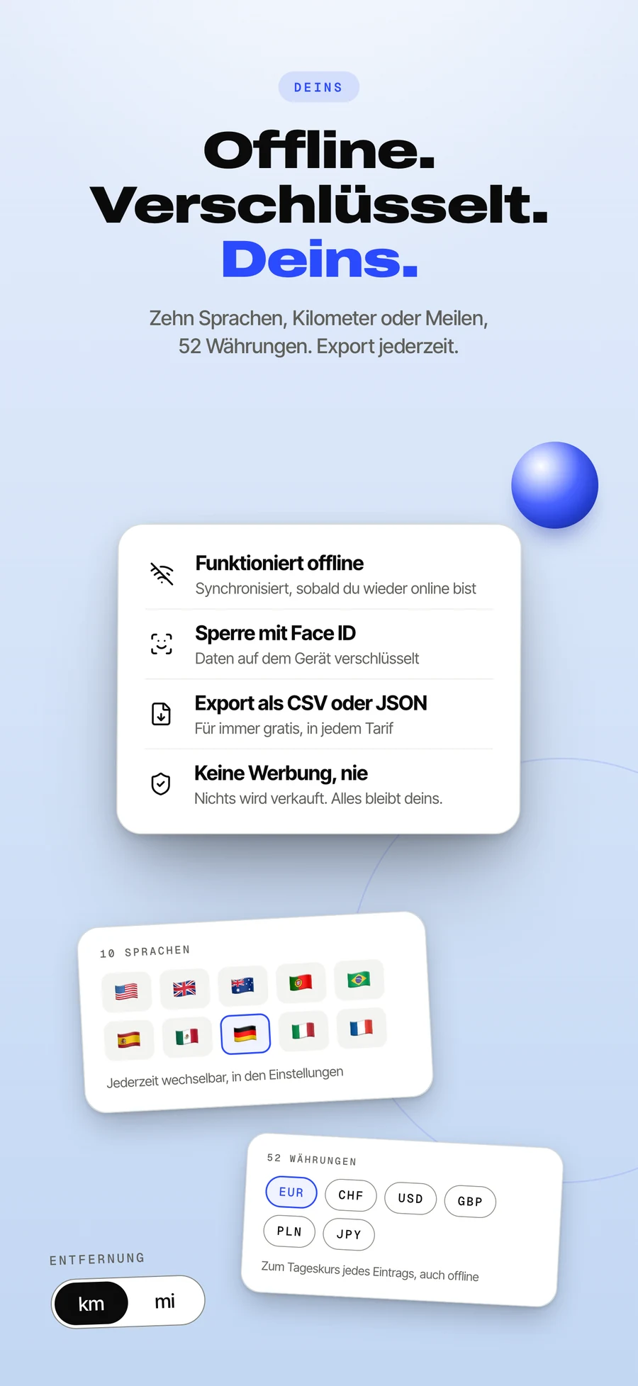 App-Store-Panel: deine Daten gehören dir, ohne Werbung und jederzeit exportierbar.