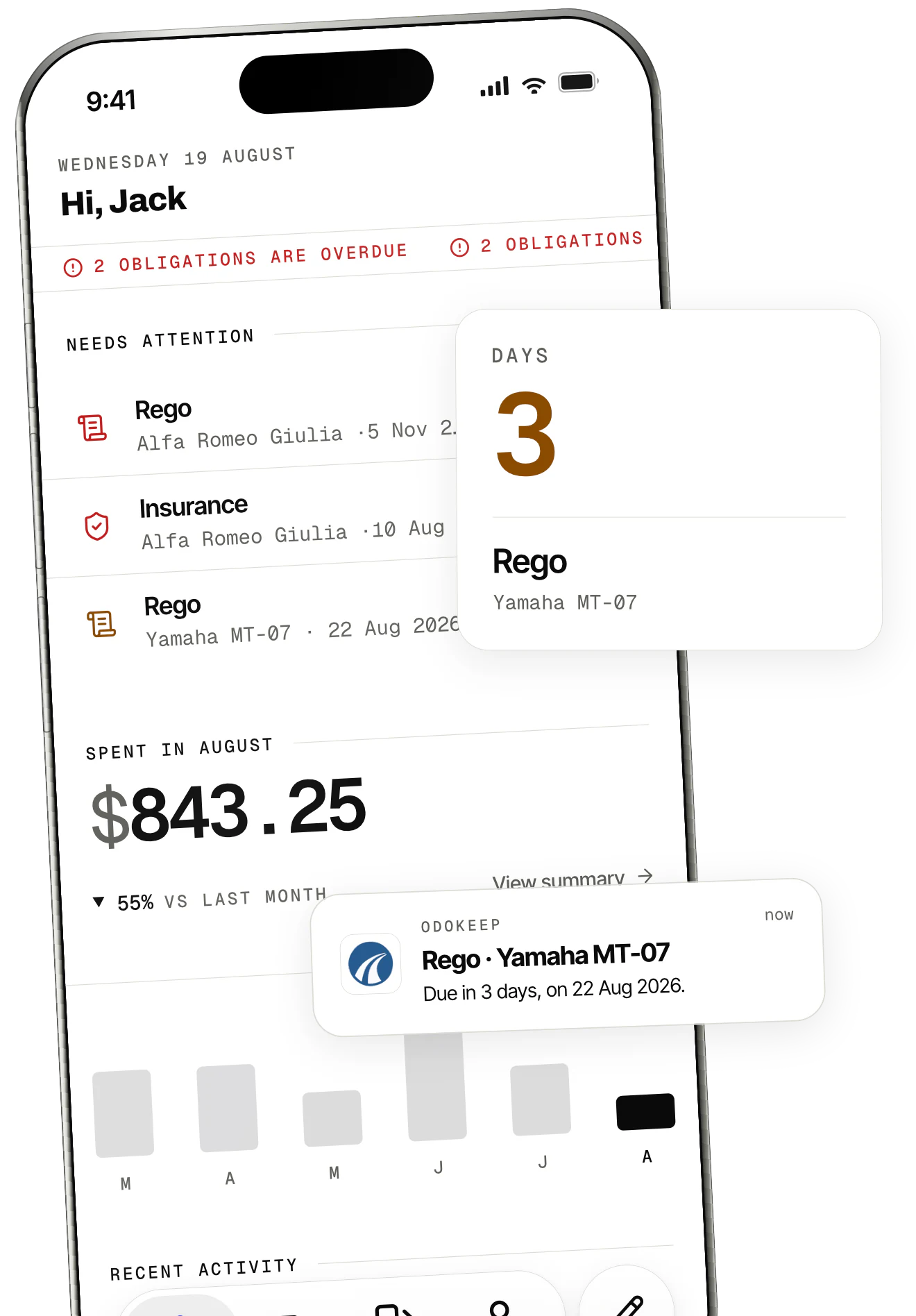 OdoKeep's home screen: obligations counting down, the reminder notification and a card saying the insurance falls due in 3 days.