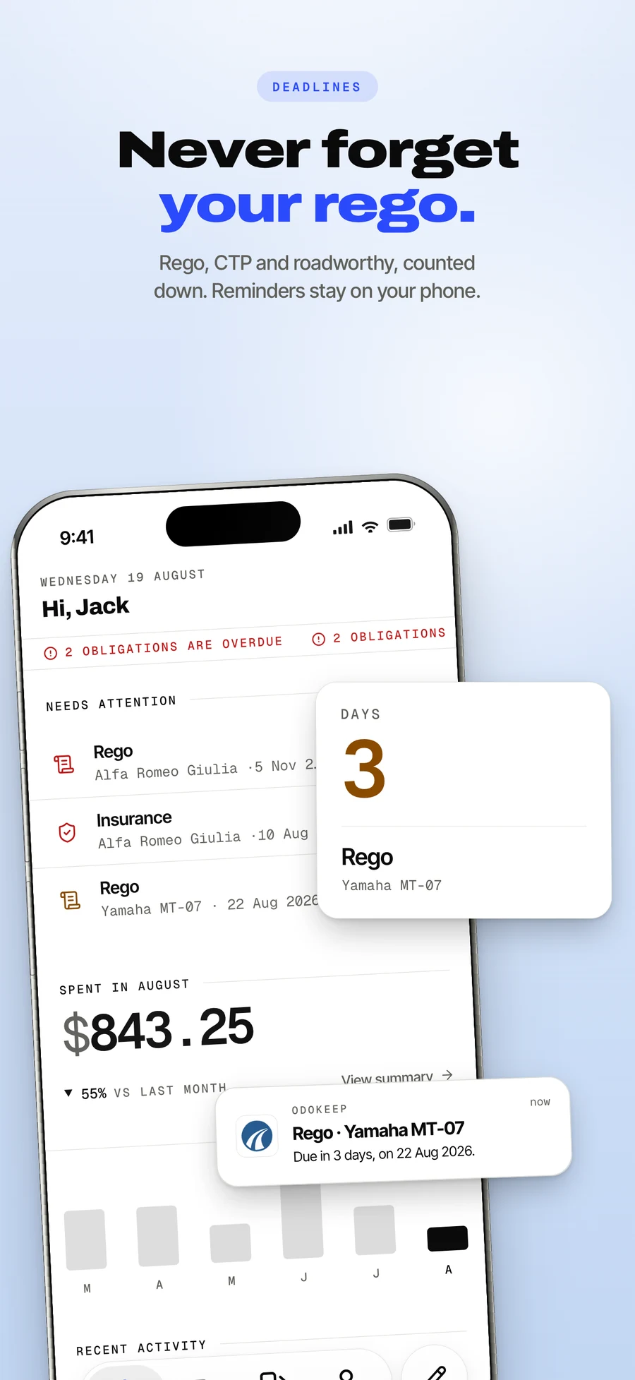App Store panel: insurance, roadworthy and rego counting down.