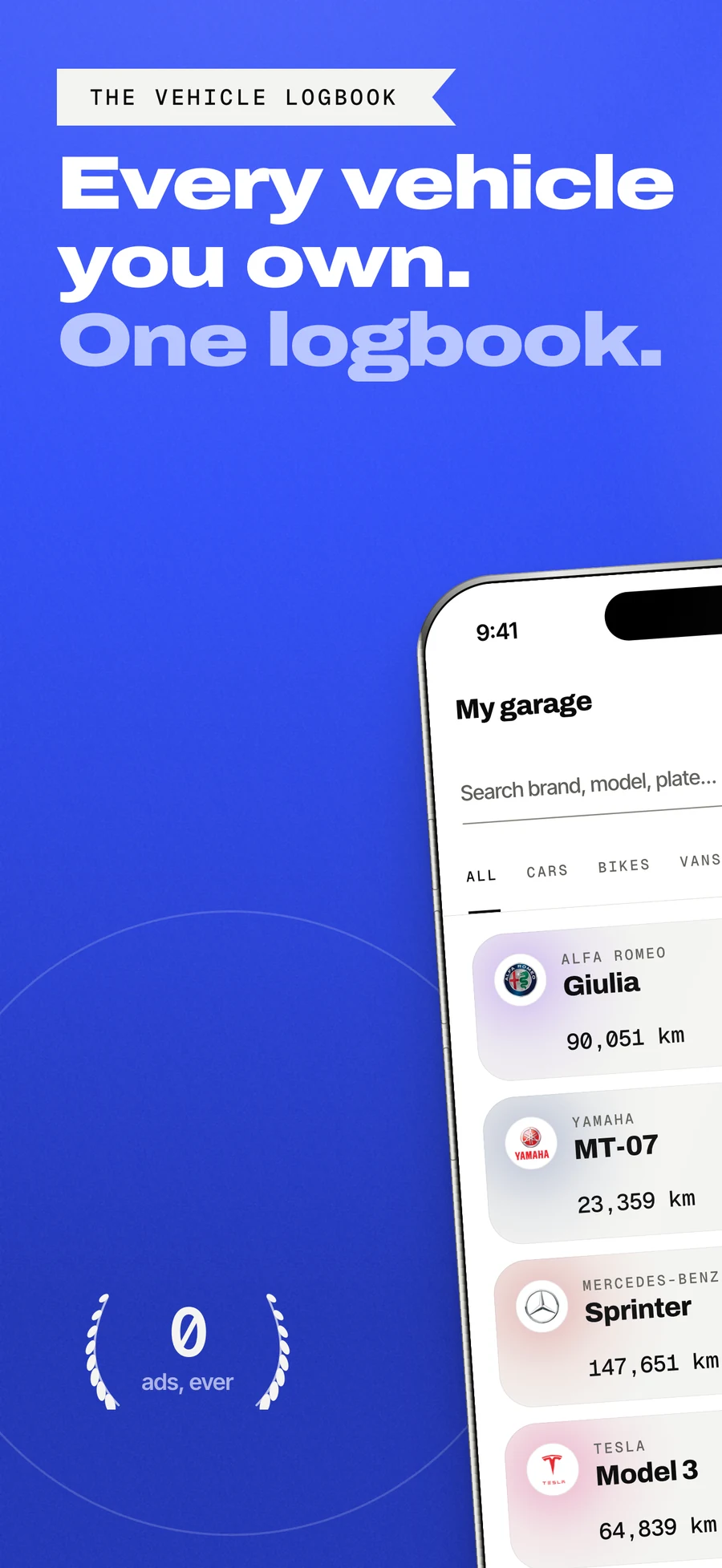 App Store panel: every vehicle you own, one logbook.