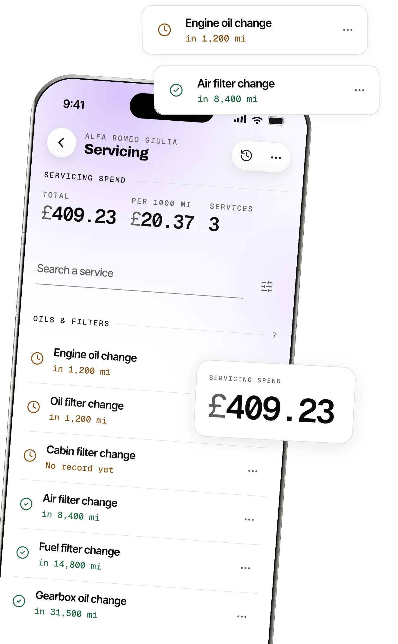 OdoKeep's maintenance screen: the plan for one vehicle, with the oil and filter due soon and the brake pads up to date.