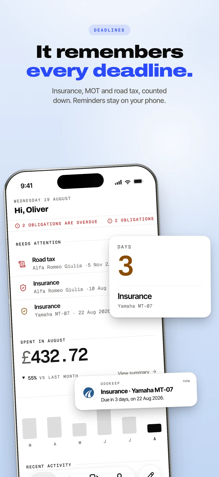 App Store panel: insurance, the MOT and road tax counting down.