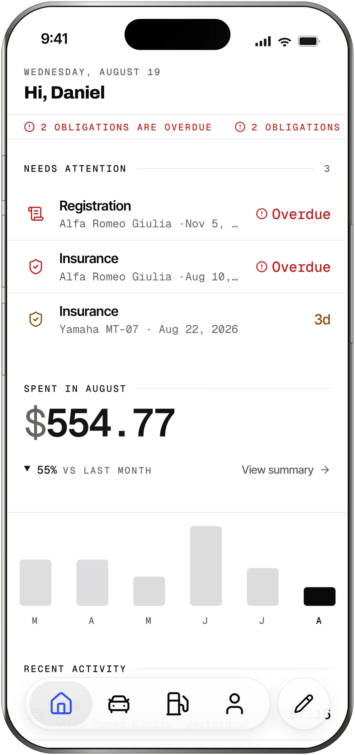 OdoKeep's home screen: obligations counting down, the reminder notification and a card saying the insurance falls due in 3 days.