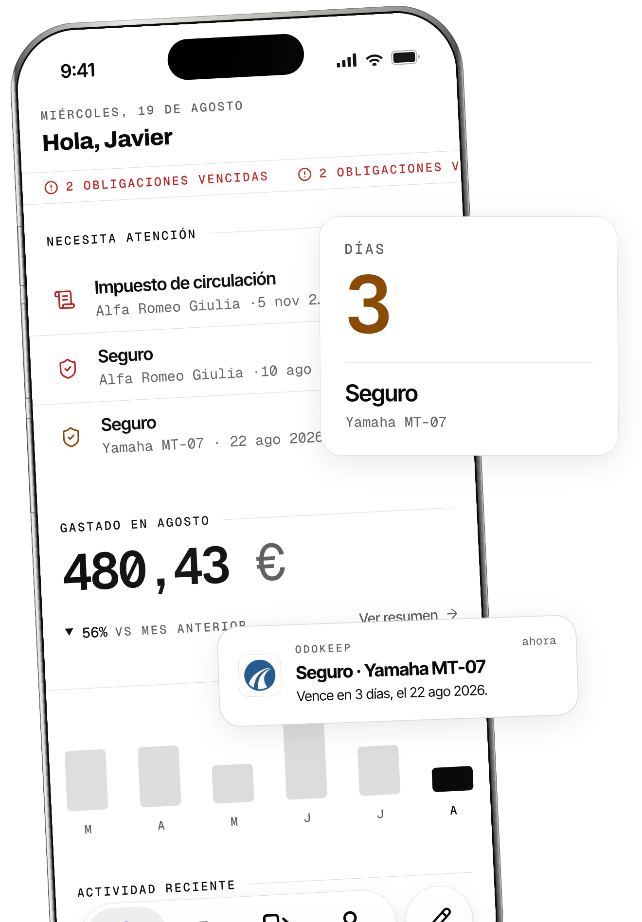 La pantalla de inicio de OdoKeep: obligaciones en cuenta atrás, una tarjeta con el seguro que vence en 3 días y la notificación de recordatorio.