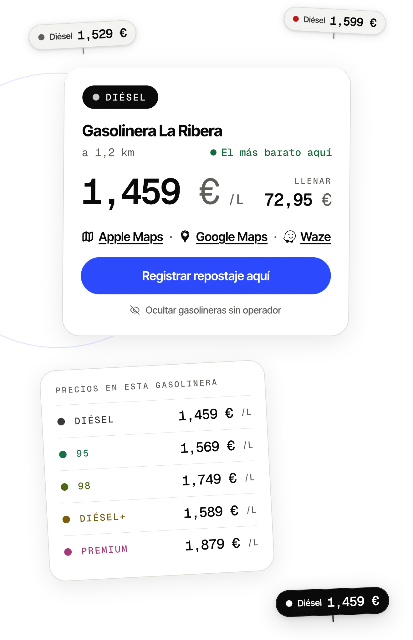 La pantalla de precios de combustible de OdoKeep: gasolineras cercanas ordenadas por precio.