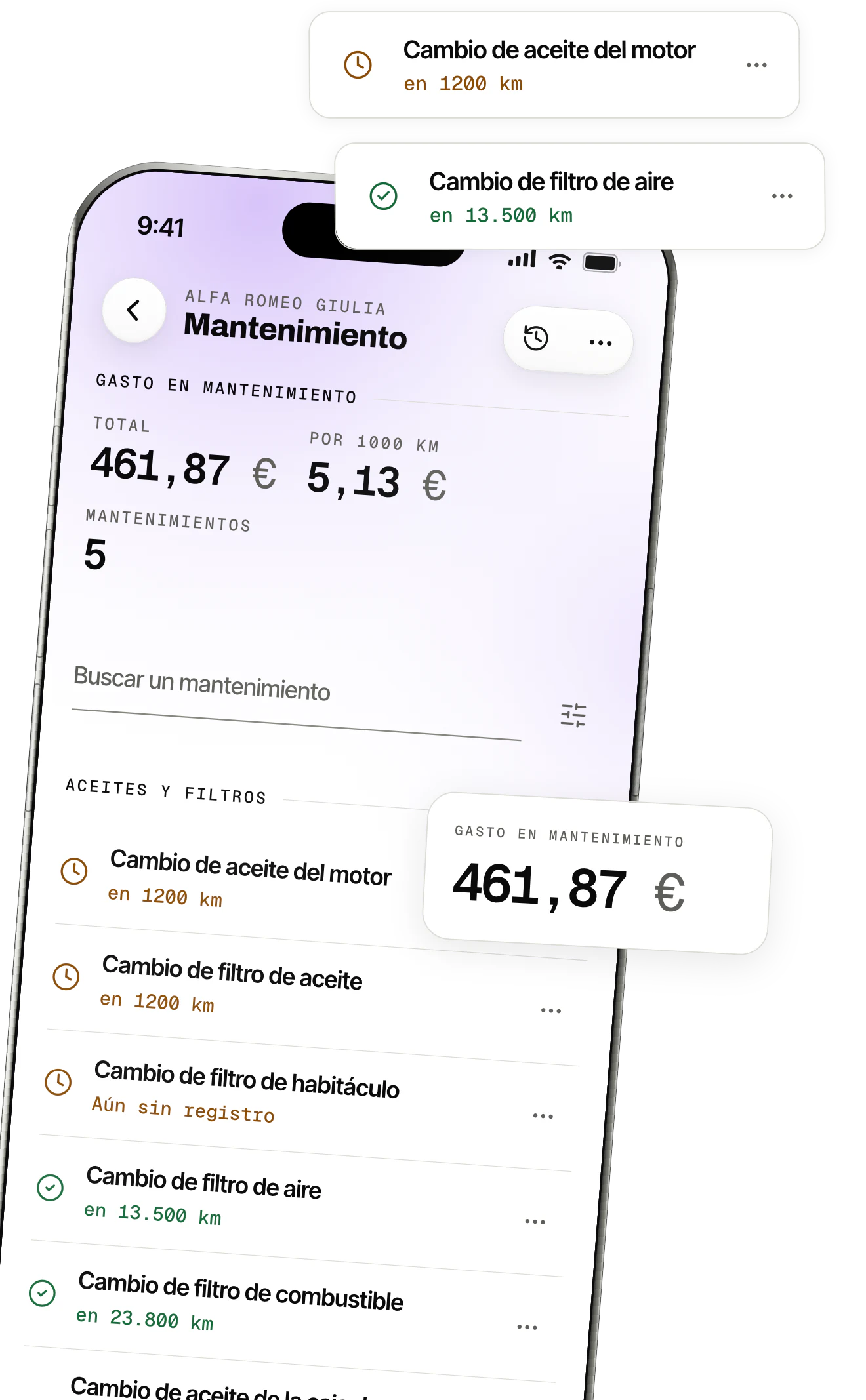 La pantalla de mantenimiento de OdoKeep: el plan de un vehículo, con el aceite y el filtro a punto de tocar y las pastillas de freno al día.