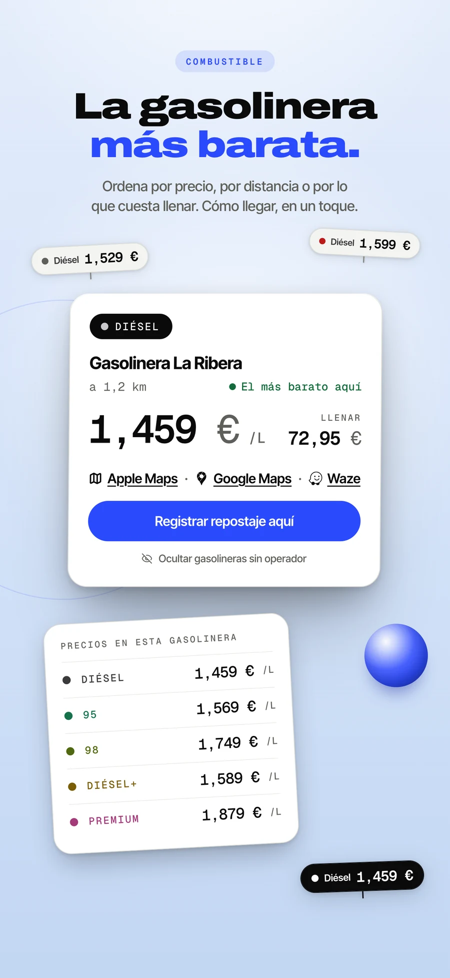 Panel del App Store: la gasolinera más barata cerca de ti, con precios.