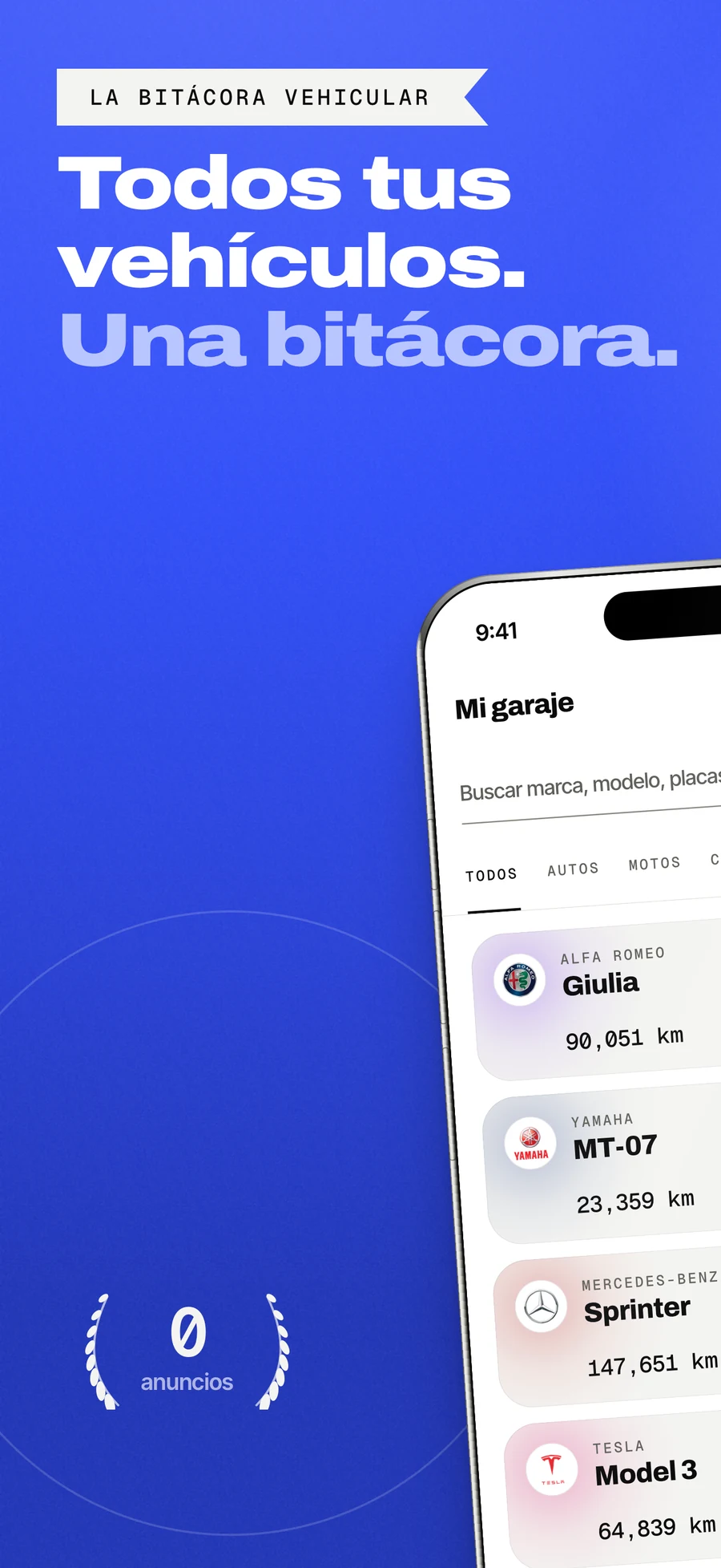Panel del App Store: todos tus vehículos, una sola bitácora.