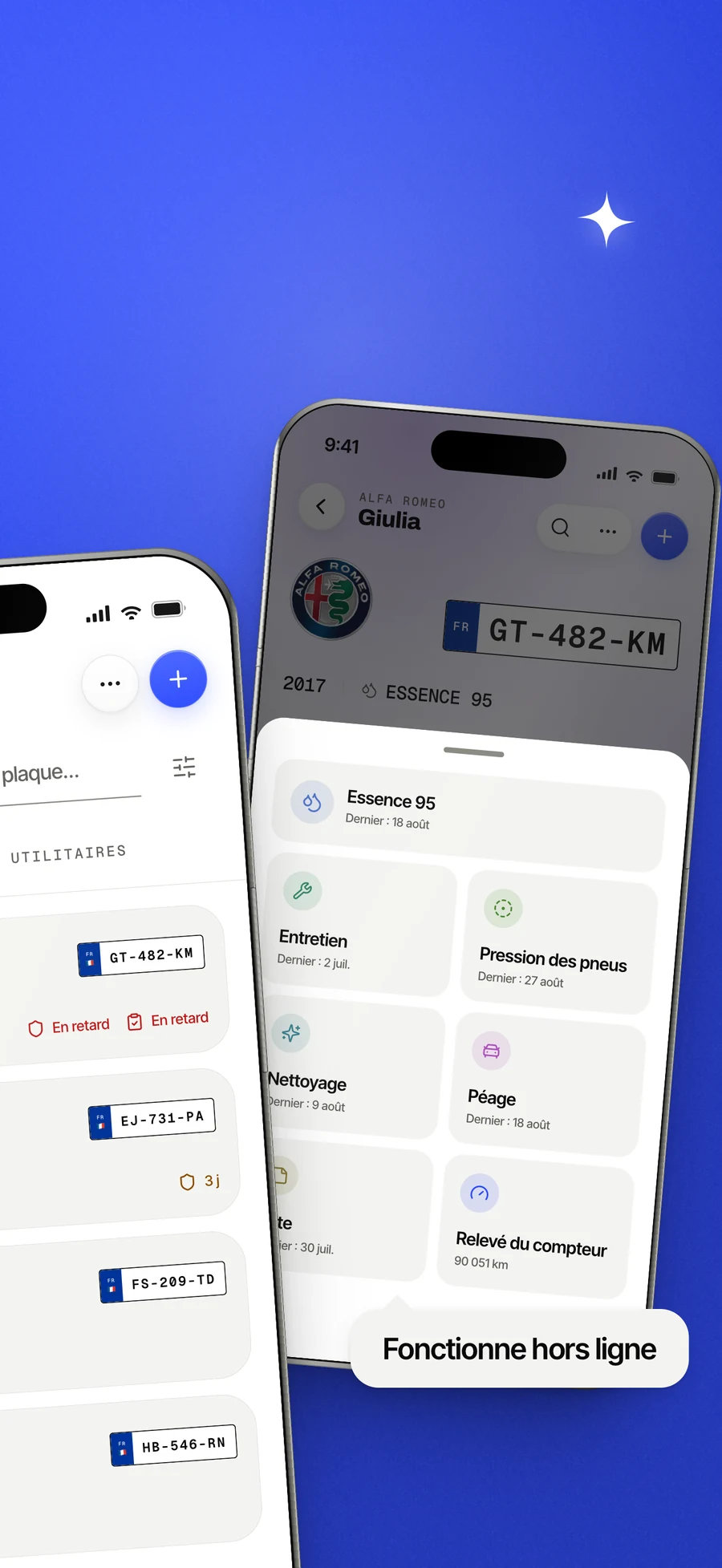 Panneau de l’App Store, la fiche d’enregistrement rapide, ouverte sur un véhicule.