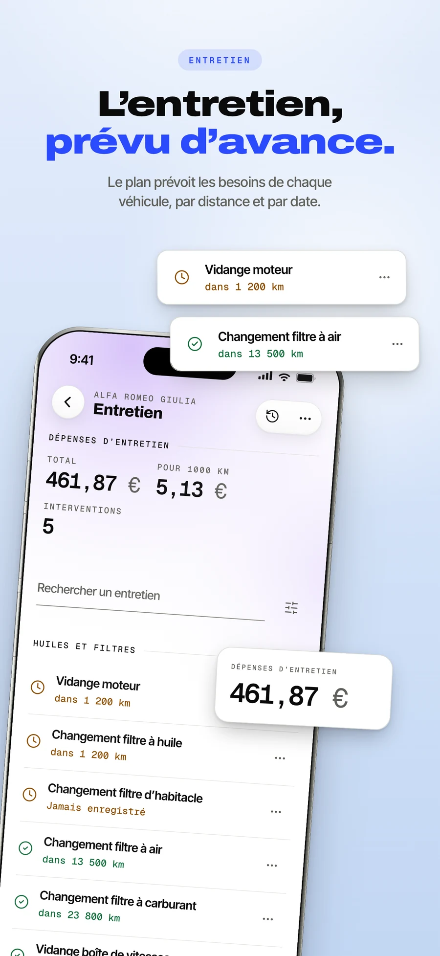 Panneau de l’App Store, le plan d’entretien qui décompte les jours jusqu’à la prochaine révision.