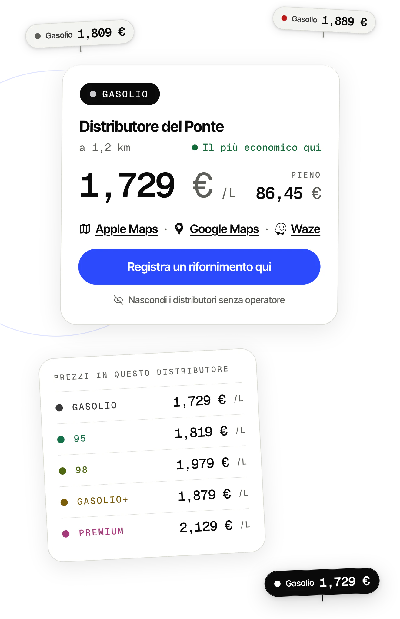 La schermata dei prezzi dei carburanti di OdoKeep: distributori vicini ordinati per prezzo.