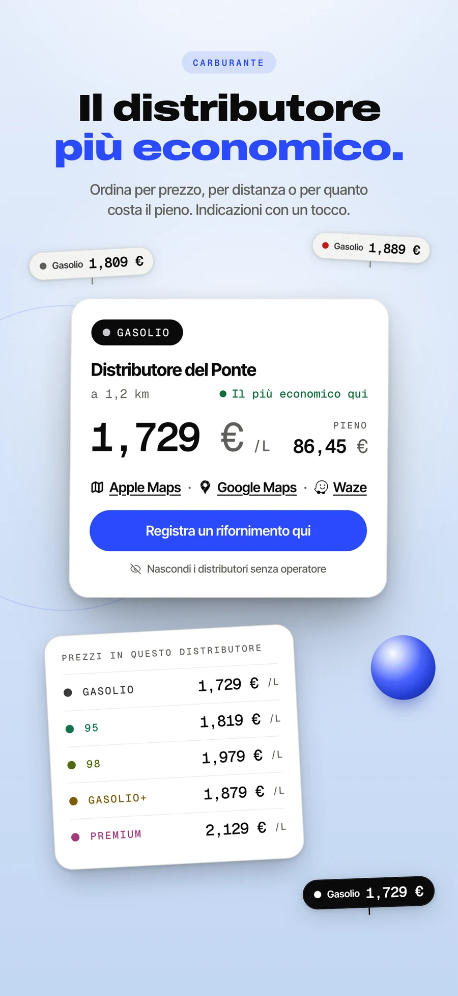Pannello dell'App Store: il distributore più economico qui vicino, con i prezzi.