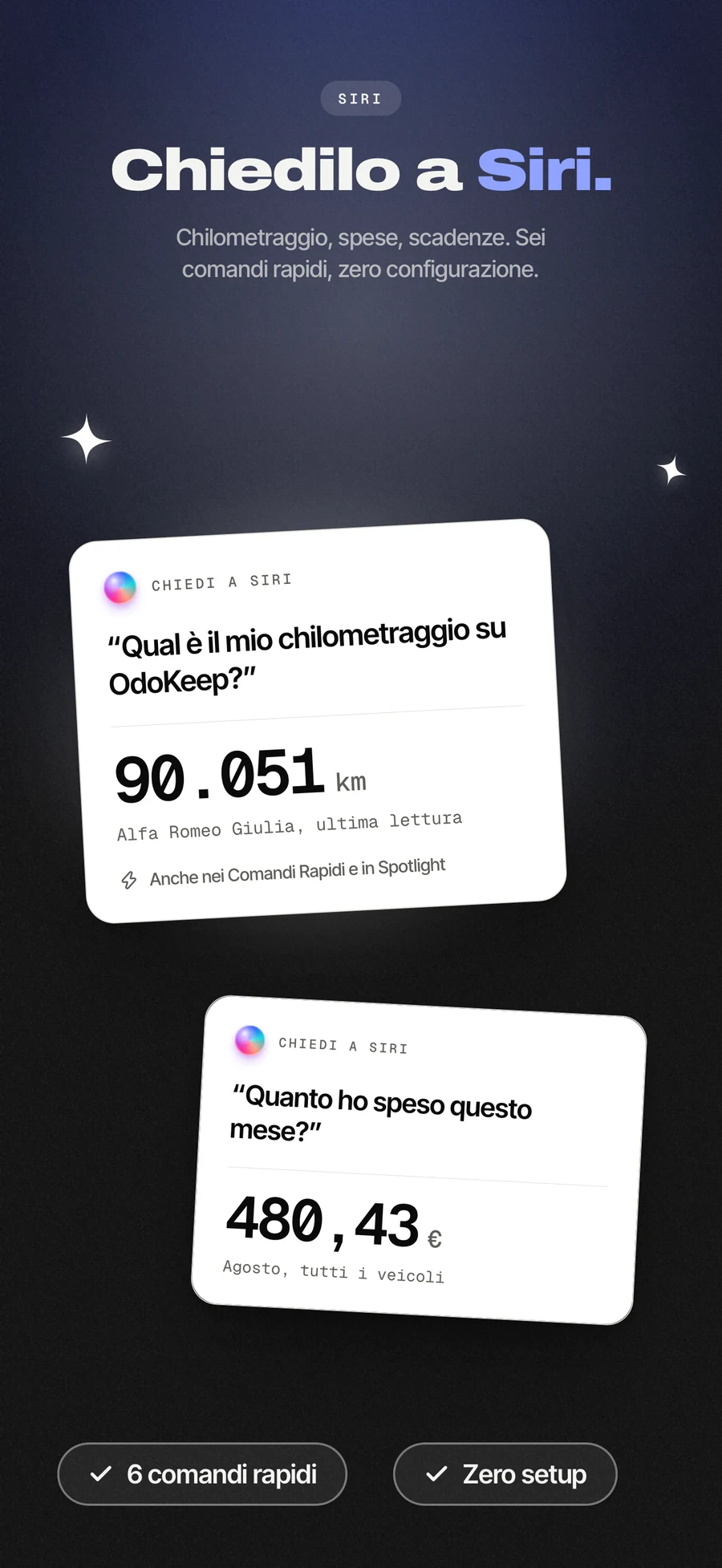Pannello dell'App Store: registrare un rifornimento a voce, con Siri.