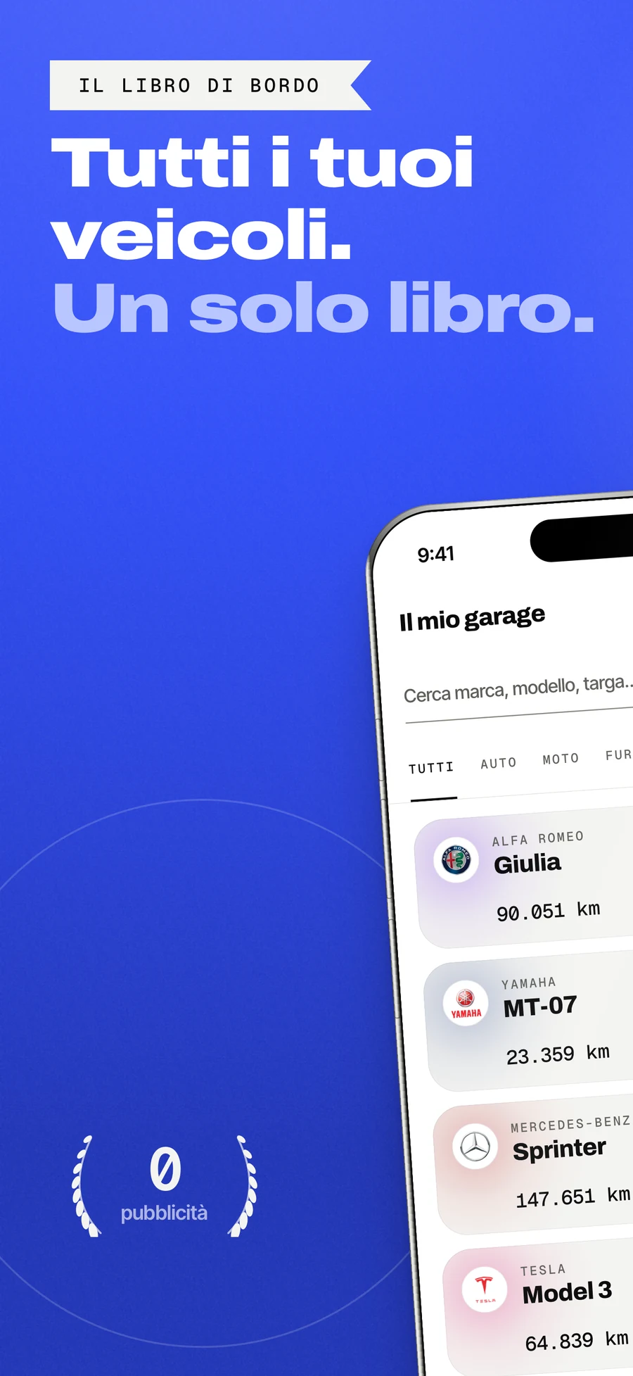 Pannello dell'App Store: ogni veicolo che possiedi, un solo libro di bordo.