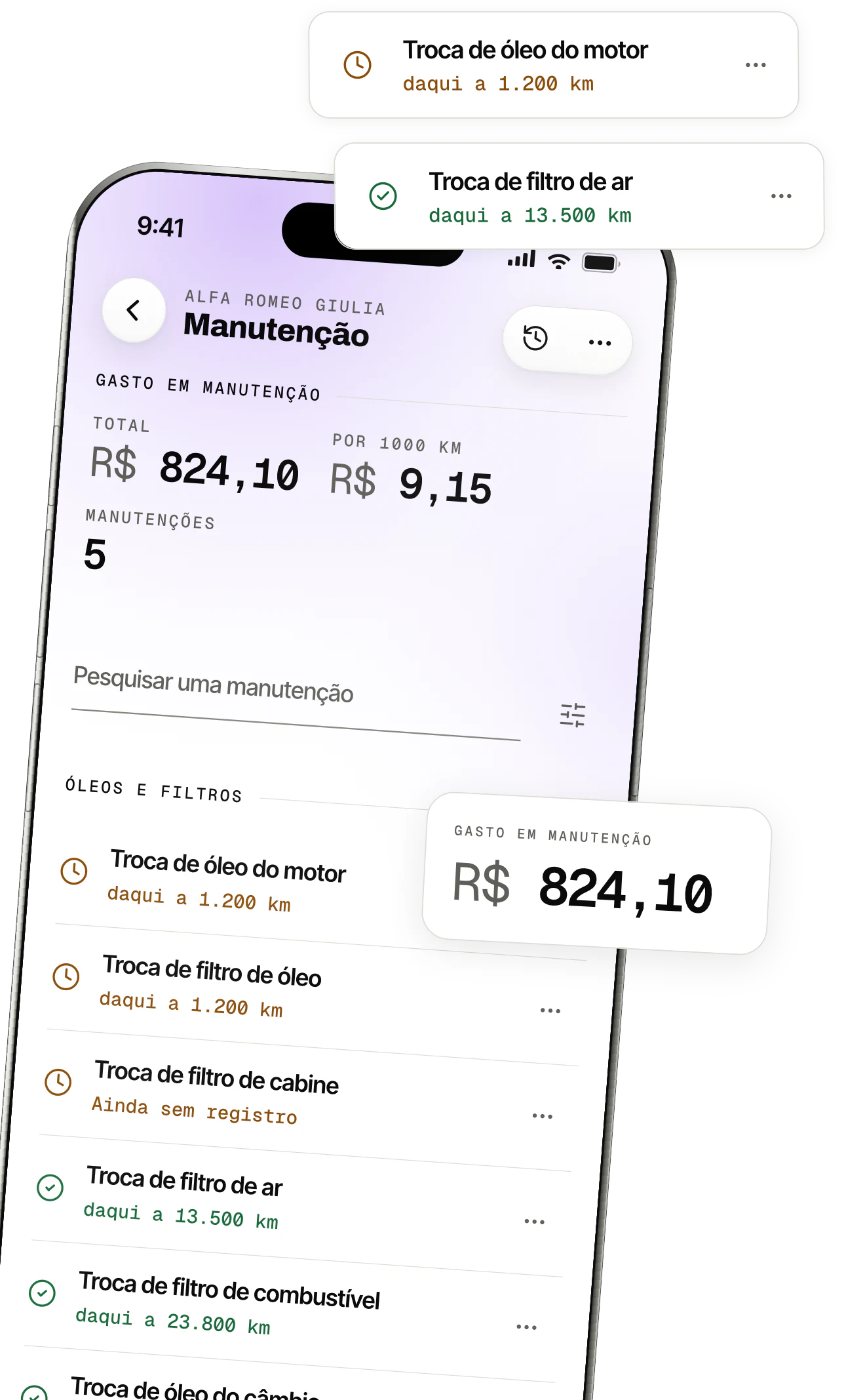 A tela de manutenção do OdoKeep: o plano de um veículo, com o óleo e o filtro vencendo em breve e as pastilhas de freio em dia.