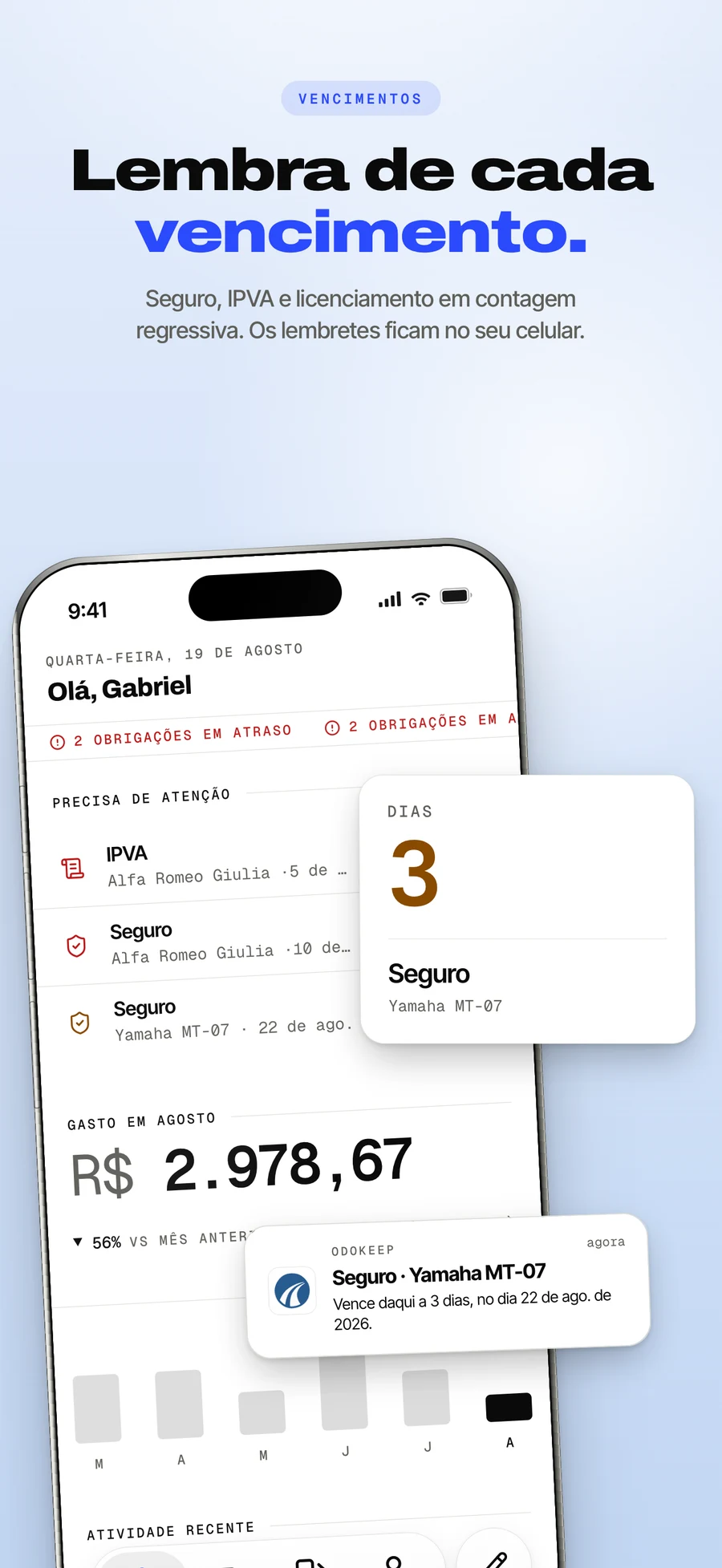 Painel da App Store: seguro, licenciamento e IPVA em contagem regressiva.