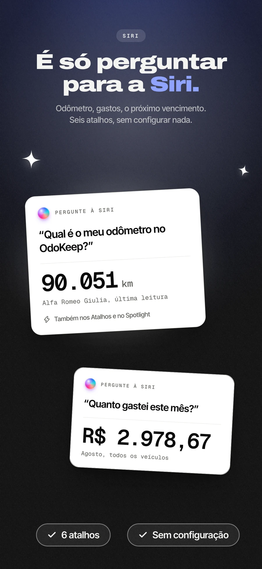 Painel da App Store: registrar um abastecimento por voz com a Siri.