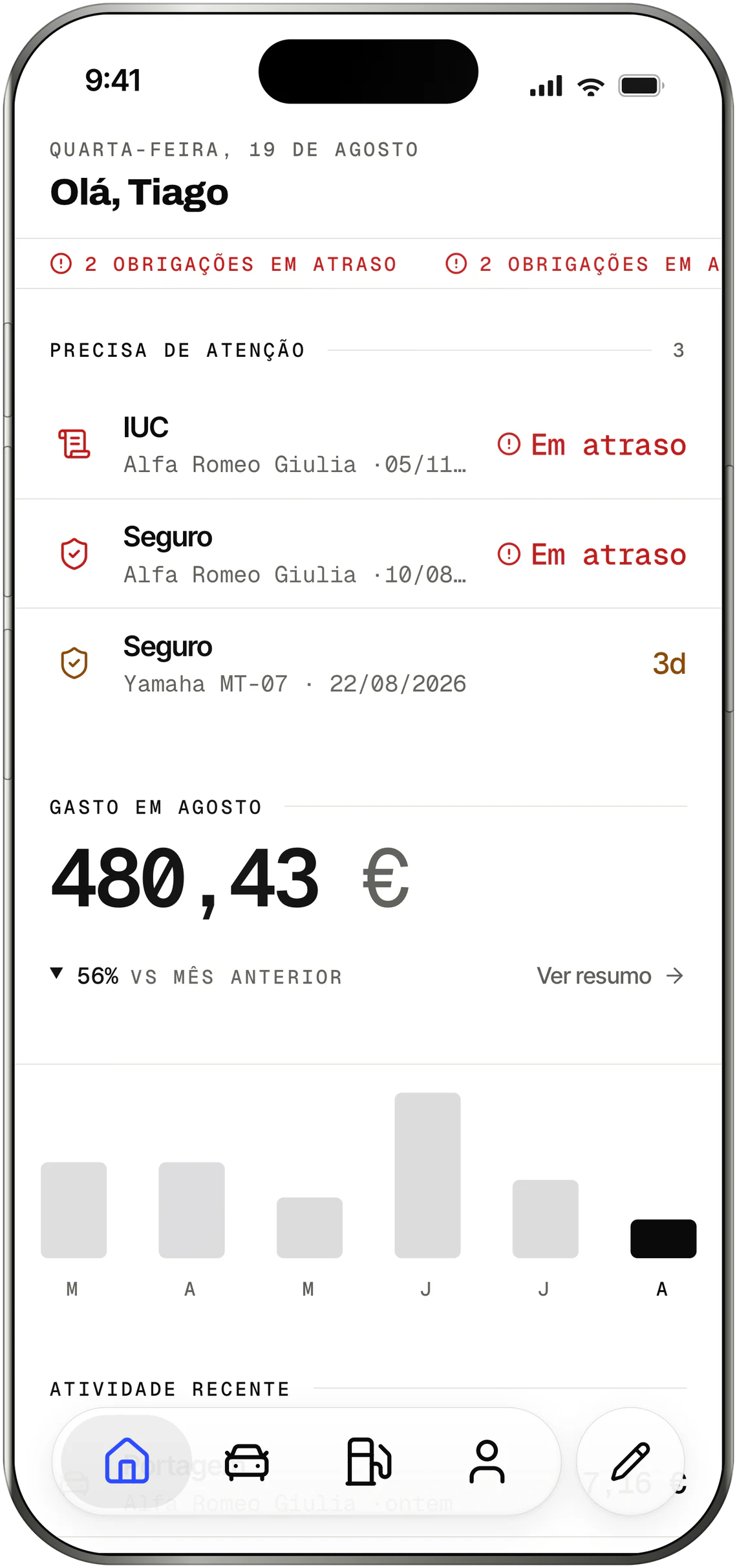 O ecrã inicial do OdoKeep: obrigações em contagem decrescente, um cartão com o seguro a vencer em 3 dias e a notificação de lembrete.
