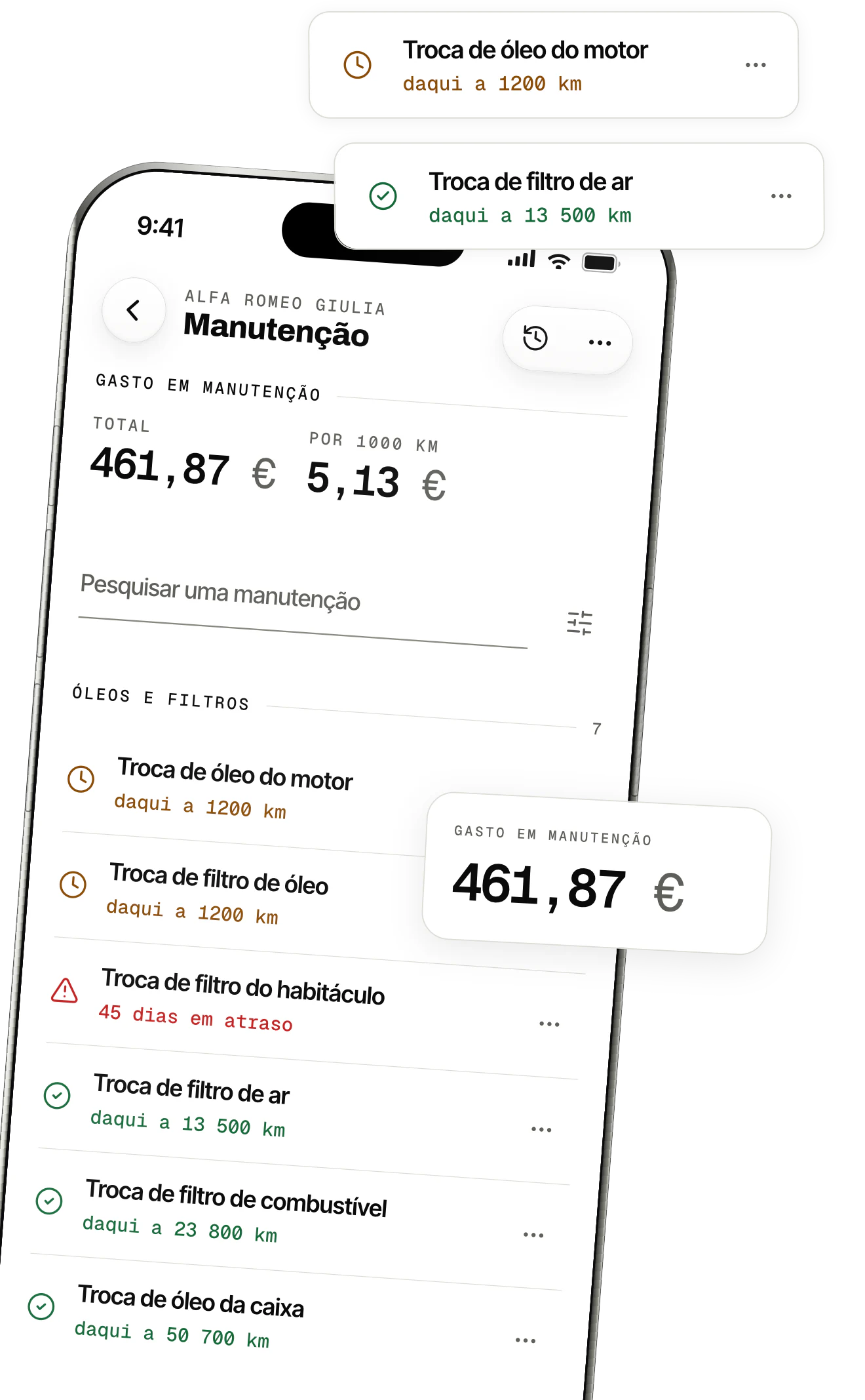 O ecrã de manutenção do OdoKeep: o plano de um veículo, com o óleo e o filtro a vencer em breve e as pastilhas de travão em dia.